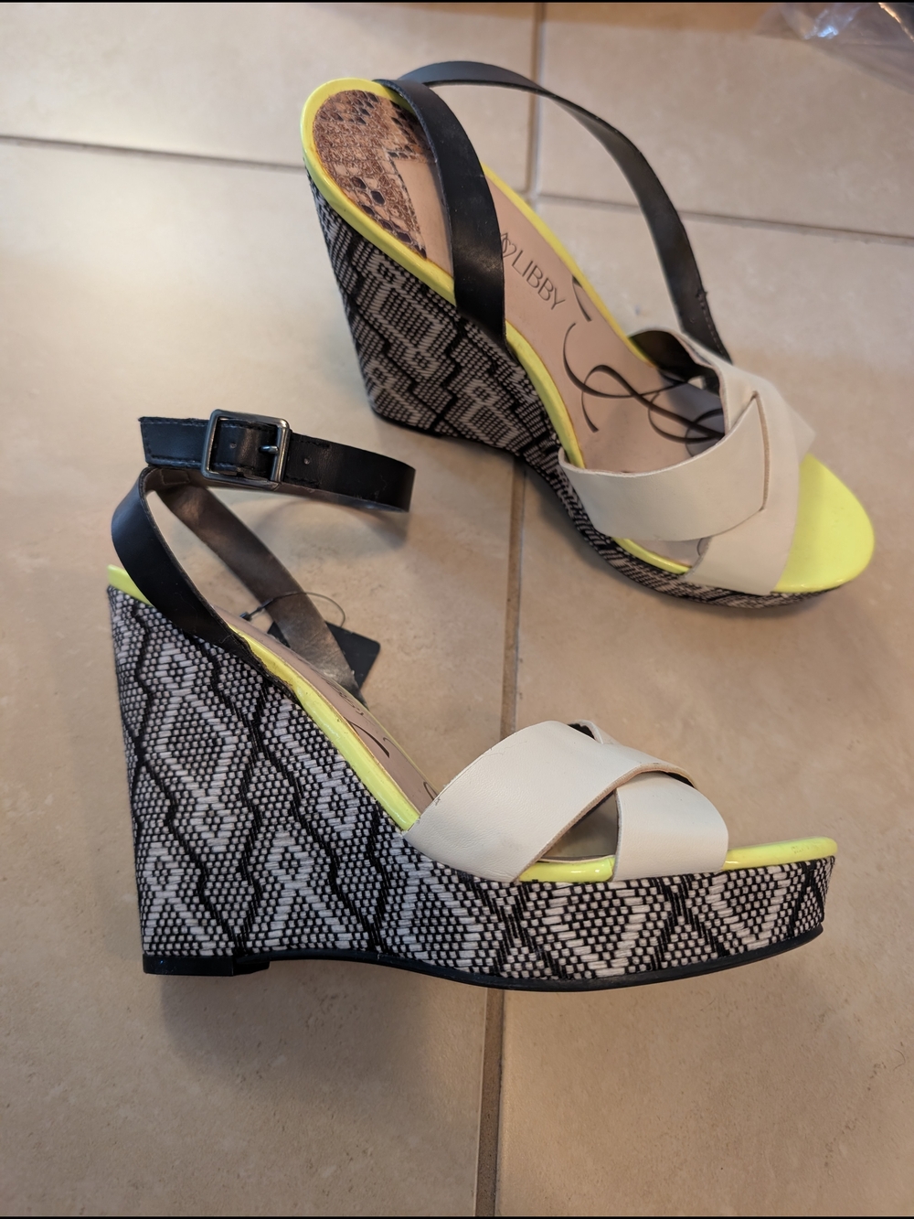 Sam & Libby Cream, Black & Neon Yellow Patterned Wedge Sandals